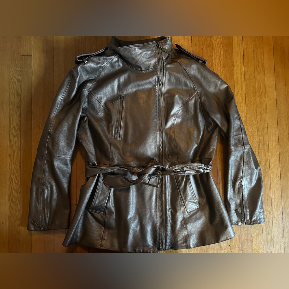 Queen Collection Metallic Copper Zipper-Accented Belted Leather Coat, Size XL